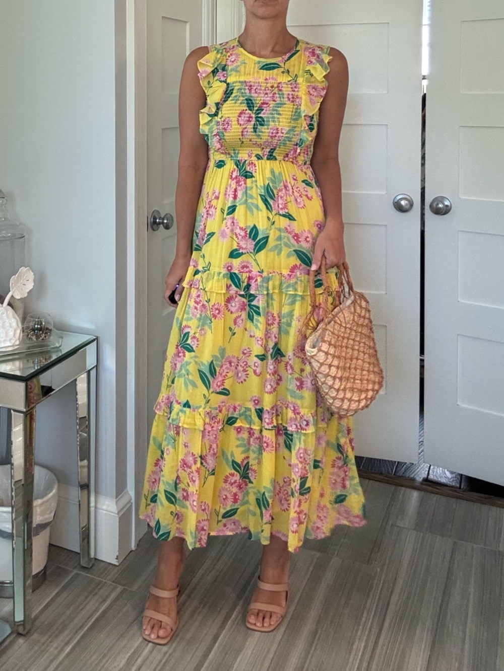 Banjanan Floral Smocked Ruffle Tiered Resort Dress Yellow Pink small
